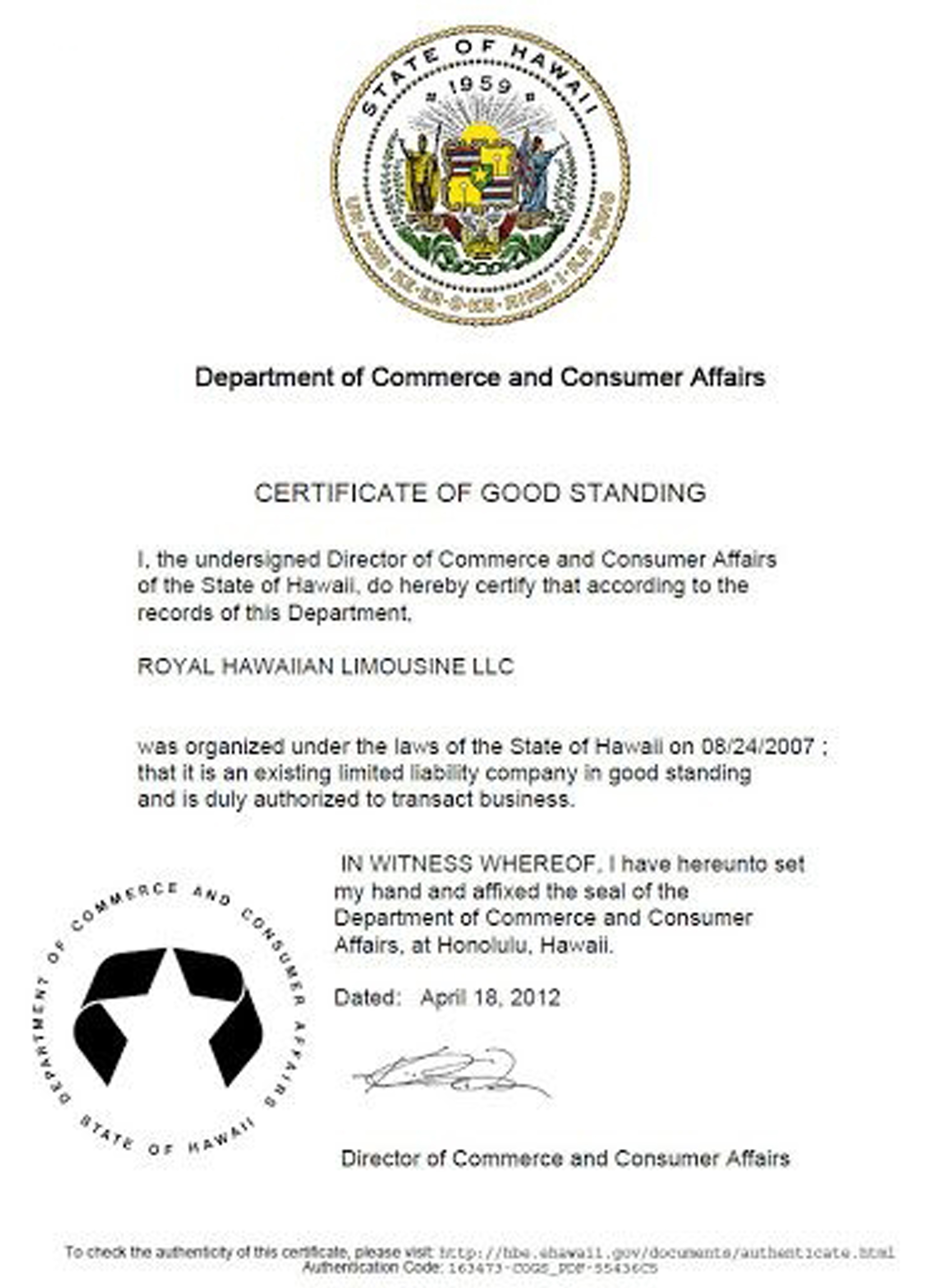 USA Hawaii certificate of good standing